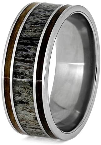 Deer Antler, Whiskey Barrel Oak Wood 9mm Titanium Comfort-Fit Wedding Ring, Size 10
