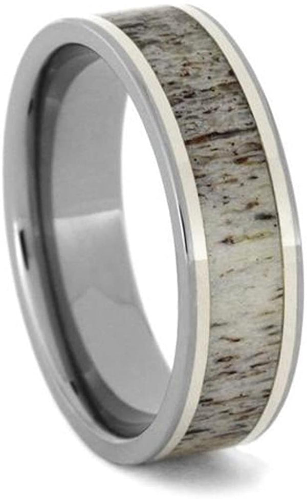 Deer Antler, 14k White Gold 7mm Titanium Comfort-Fit Ring, Size 11