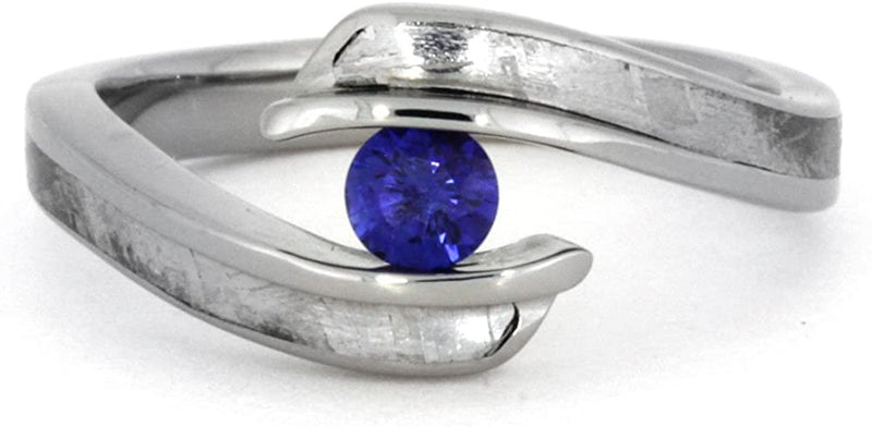 Blue Sapphire, Gibeon Meteorite Engagement Ring, Men's Gibeon Meteorite, Dinosaur Bone, His and Hers Titanium Wedding Band Set , M11-F7.5