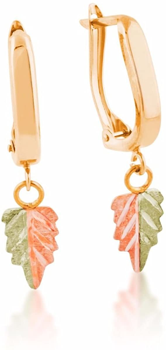 Two-Tone Leaf Dangle Earrings, 10k Yellow Gold, 12k Green and Rose Gold Black Hills Gold Motif