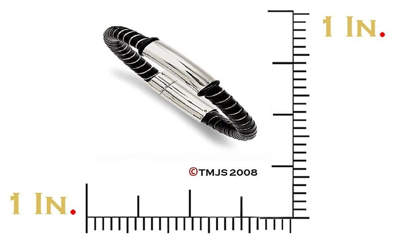 Men's Polished Stainless Steel 10mm Black Leather Bracelet, 8.75"