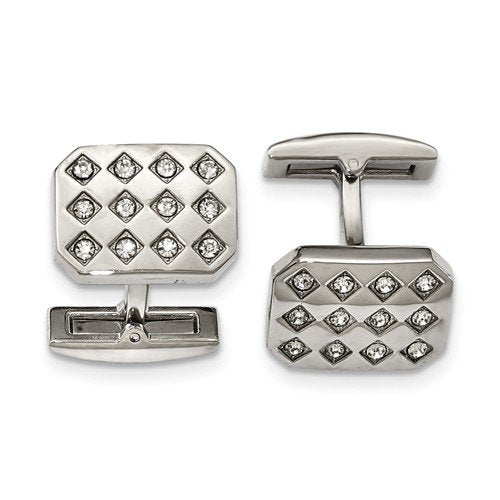 Stainless Steel Polished Satin-Brushed Cubic Zirconia Cuff Links