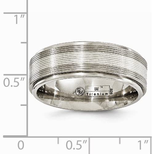 Edward Mirell Titanium with Sterling Silver Textured Line Step Edge Grooved 7.5mm Wedding Band, Size 7
