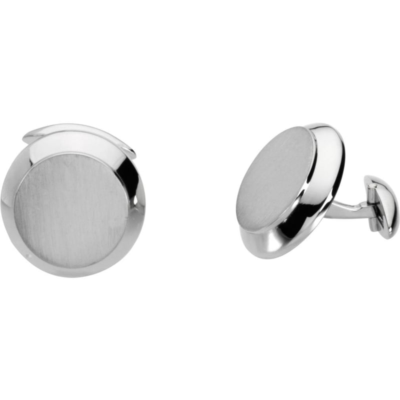 Rhodium-Plated 14k White Gold Satin Brushed Round Beveled Cuff Links, 20.25MM