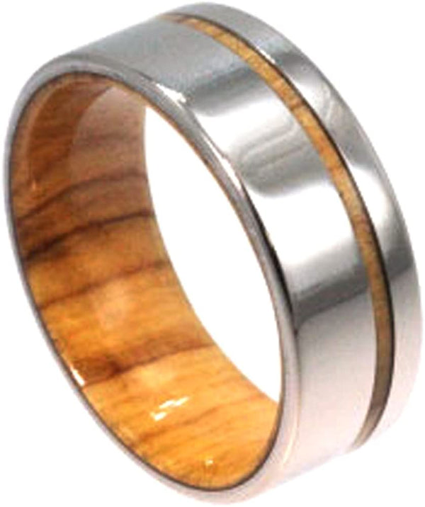 Bethlehem Olive Wood Sleeve and Pinstripe 8mm Comfort Fit Titanium Band, Size 16