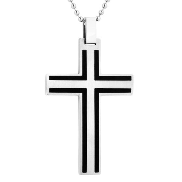 Men's Two-Tone, Black Outline Cross Pendant Necklace , Stainless Steel, 24"