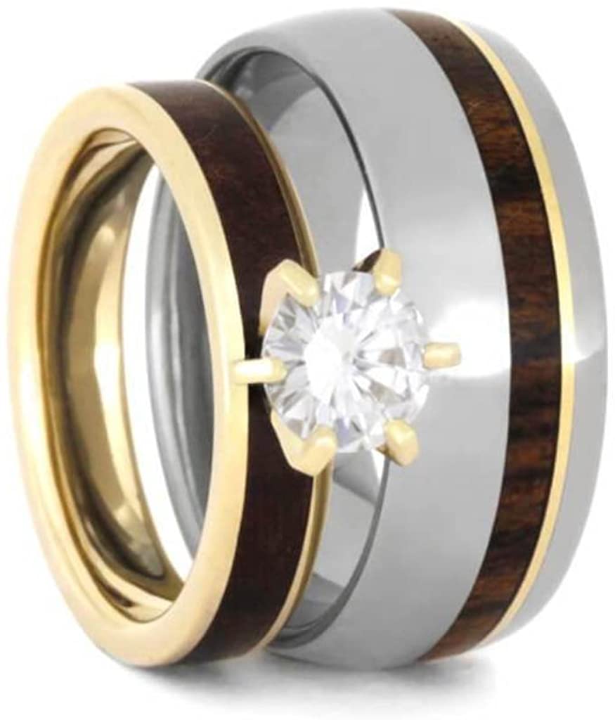 His and Hers 10k Yellow Gold Forever One Moissanite, Maple Burl Ring and Ironwood Comfort-Fit Titanium Band Sizes M12-F7