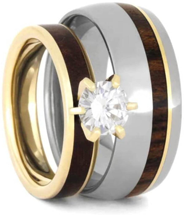 10k Yellow Gold Forever One Solitaire Maple Burl Ring, Titanium Ironwood Comfort-Fit Band, Couples Rings Size, M14.5-F9.5