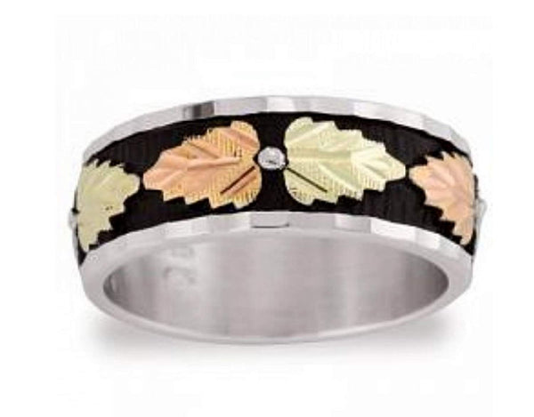 Women's Antiqued Wedding Band, Sterling Silver, 12k Green and Rose Gold Black Hills Gold Motif