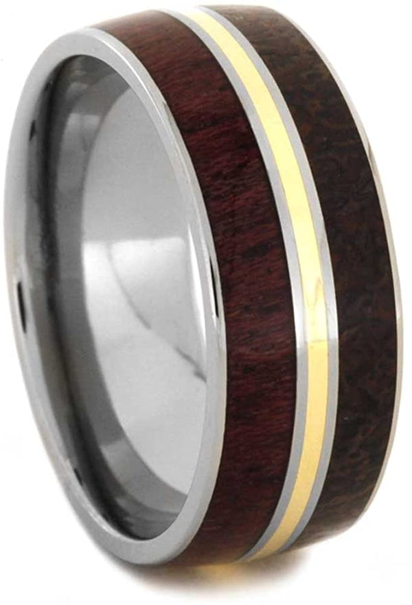 Dinosaur Bone, Purple Heart Wood, 14k Yellow Gold 9mm Comfort-Fit Titanium Wedding Band, Size 8