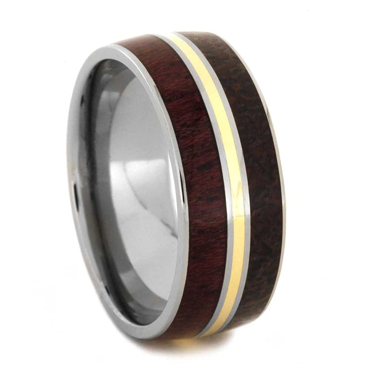 Dinosaur Bone, Purple Heart Wood, 14k Yellow Gold 9mm Comfort-Fit Titanium Wedding Band