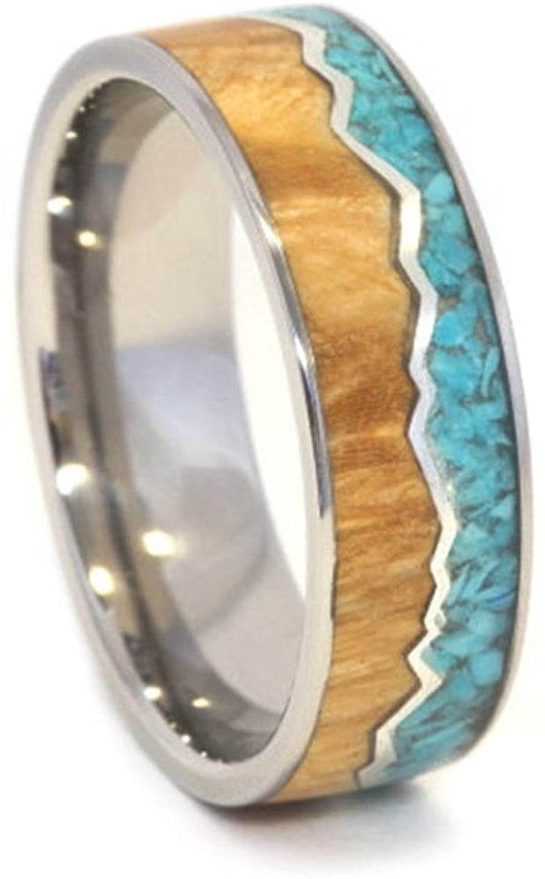 Turquoise, Black Ash Burl Wood, Sterling Silver Mountain Design 8mm Comfort-Fit Titanium Ring