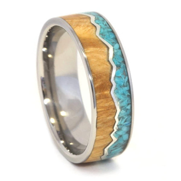 Turquoise, Black Ash Burl Wood, Sterling Silver Mountain Design 8mm Comfort-Fit Titanium Ring