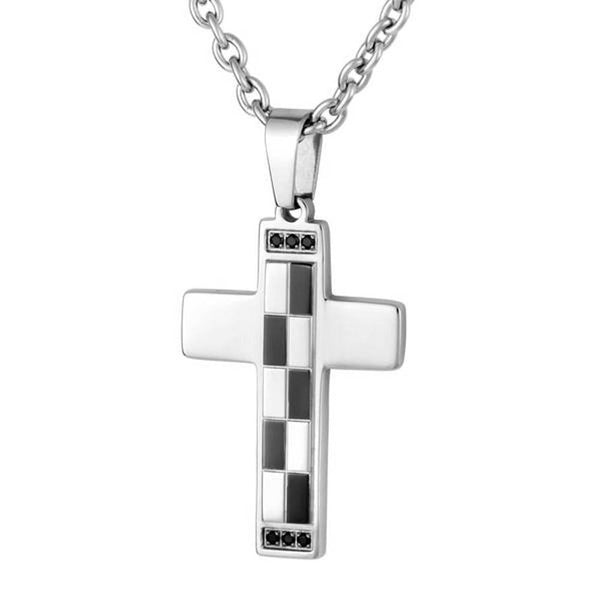 Men's Two-Tone Black Ion Plated with Black CZ Cross Pendant Necklace, Stainless Steel, 24"