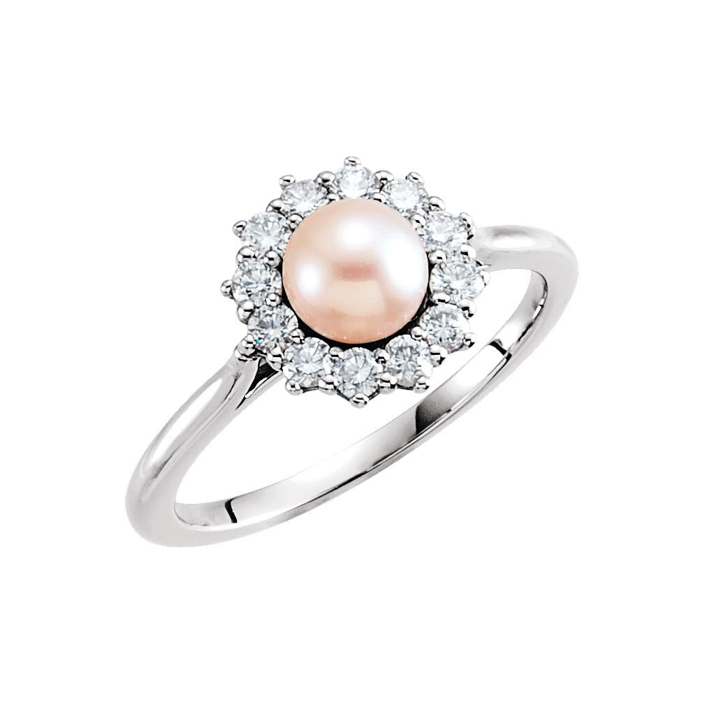 White Freshwater Cultured Pearl Diamond Halo Ring, Sterling Silver (8-8.5mm) (.375Ctw, G-H Color, I1 Clarity)