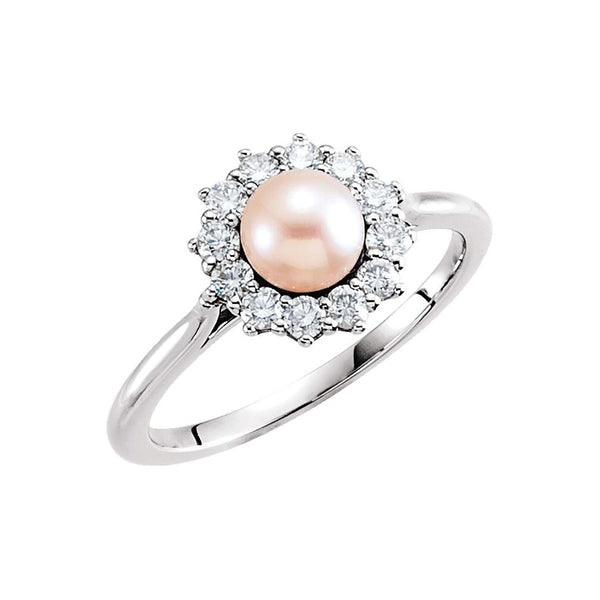 White Freshwater Cultured Pearl and Diamond Halo Ring, Rhodium-Plated 14k White Gold (5.5-6mm) (.33Ctw, G-H Color, I1 Clarity) Size 7