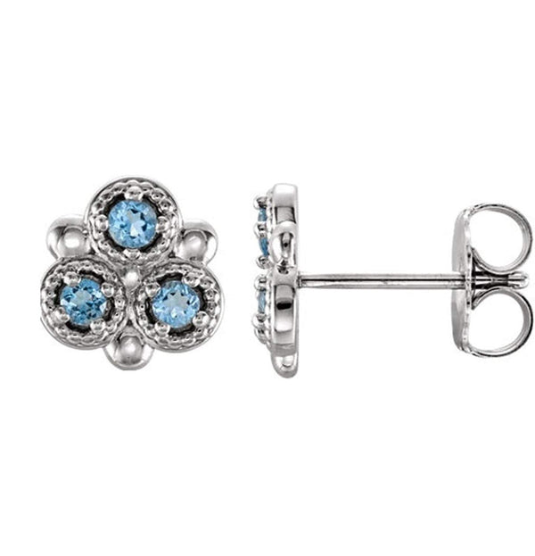 Aquamarine Three-Stone Stud Earrings, Rhodium-Plated 14k White Gold