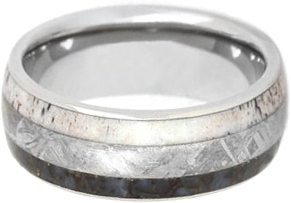 Gibeon Meteorite, Dinosaur Bone, Deer Antler 8mm Comfort-Fit Titanium Ring, Size 13.75