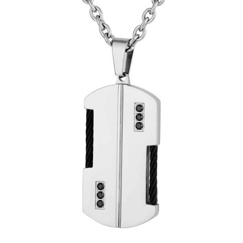 Men's Two-Tone Braided Wire Black CZ Dog Tag Pendant Necklace, Stainless Steel, 24"