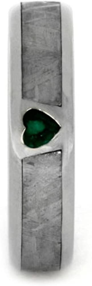Created Emerald, Gibeon Meteorite 14k White Gold Ring and Green Box Elder Burl Wood Titanium Band, Couples Ring Set, M9.5-F8