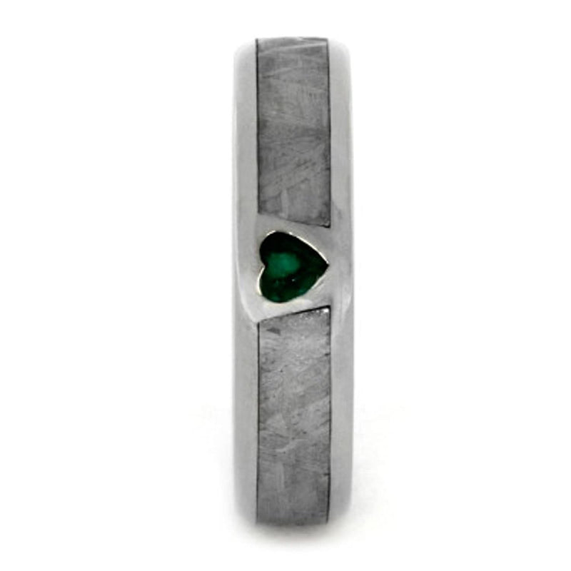 Created Emerald, Gibeon Meteorite 14k White Gold Ring and Green Box Elder Burl Wood Titanium Band, Couples Ring Set