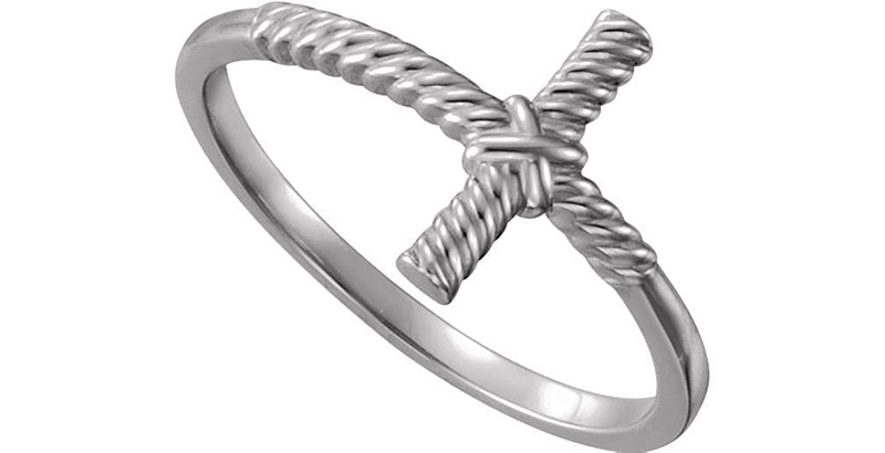 Sideways Rope Cross Rhodium Plated 14k White Gold Ring, Size 7.25