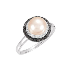 Pinkish-White Freshwater Cultured Pearl, Black and White Diamond Halo Ring, Rhodium-Plated and Black Rhodium-Plated, 14k White Gold (8mm)(0.25 Ctw, Color H-I, Clarity I1)