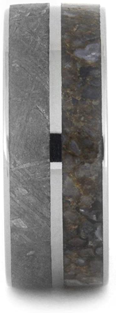 Dinosaur Bone, Gibeon Meteorite, Titanium 9mm Comfort-Fit Whiskey Barrel Oak Wood Band, Size 14.25