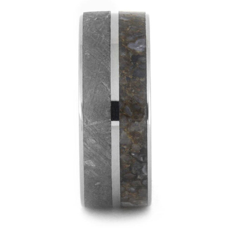 Gibeon Meteorite, Dinosaur Bone, Whiskey Barrel Oak Wood 9mm Comfort-Fit Titanium Band