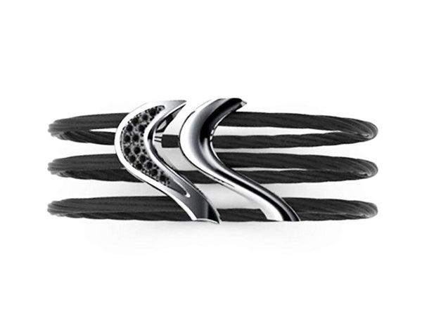 Tango Collection Black Titanium, Sterling Silver 27mm Black Spinel Cable Flexible Cuff Bracelet, 6"