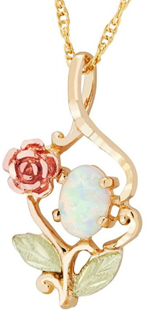 Ave 369 Created Opal with Rose Pendant Necklace, 10k Yellow Gold, 12k Green and Rose Gold Black Hills Gold Motif, 18"