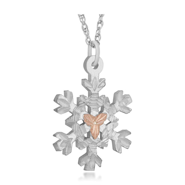 Snow Flake Pendant Necklace, Sterling Silver, 12k Green and Rose Gold Black Hills Gold Motif, 18''