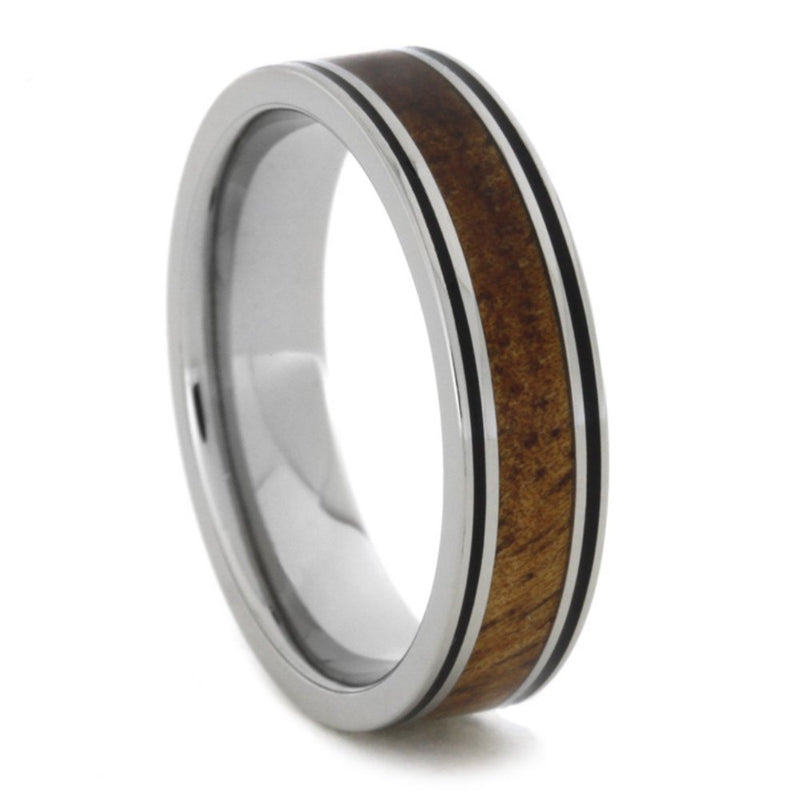 Koa Wood, Black Enamel Pinstripe 6mm Comfort-Fit Titanium Band