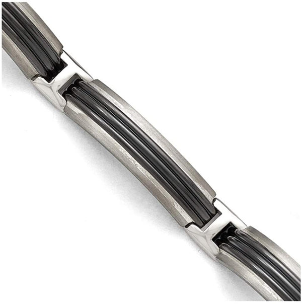 Men's Brushed Titanium, Sterling Silver, Black Titanium Striped Link Bracelet, 8 Inches