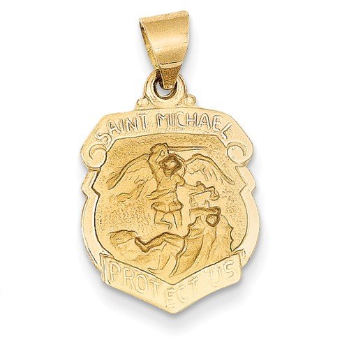 14k Yellow Gold Satin St. Michael Badge Medal Charm Pendant (20X14 MM)