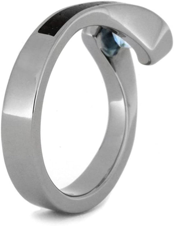 Aquamarine Tension-Set Ring and Ebony Wood, Gibeon Meteorite, Guitar String Titanium Band, HIS Sizes 12 to 16, HER Sizes 4 to 9.5