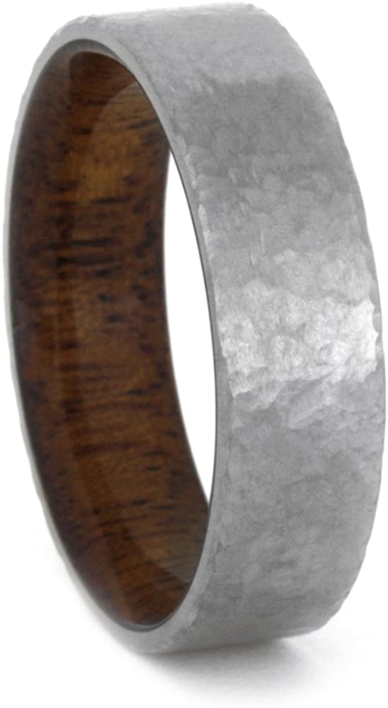 Mahogany Wood Ring with Hammered Titanium Band, 7mm Comfort-Fit, Size 4