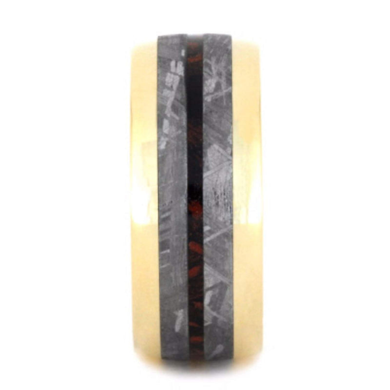 Gibeon Meteorite, Red and Black Composite Mokume, 14k Yellow Gold 9mm Comfort-Fit Titanium Wedding Band