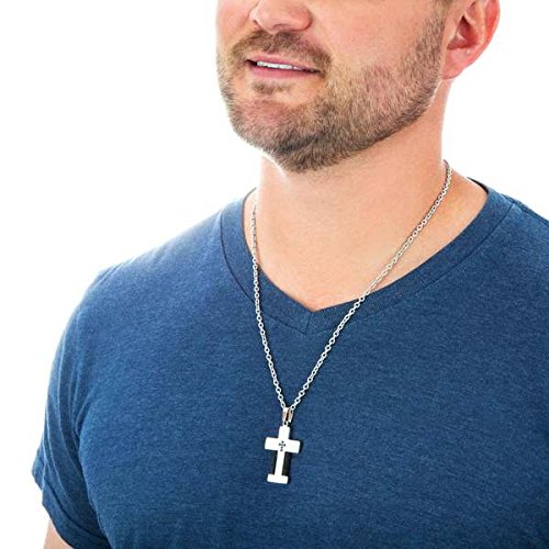 Men's Braided Wire and Black CZ Cross Pendant Necklace, Stainless Steel, 24"