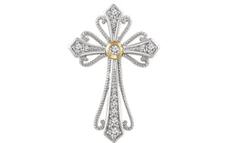Diamond Beaded Cross Pendant, Rhodium-Plated 14k White and Yellow Gold (.16 Ctw, H+ Color, I1 Clarity)