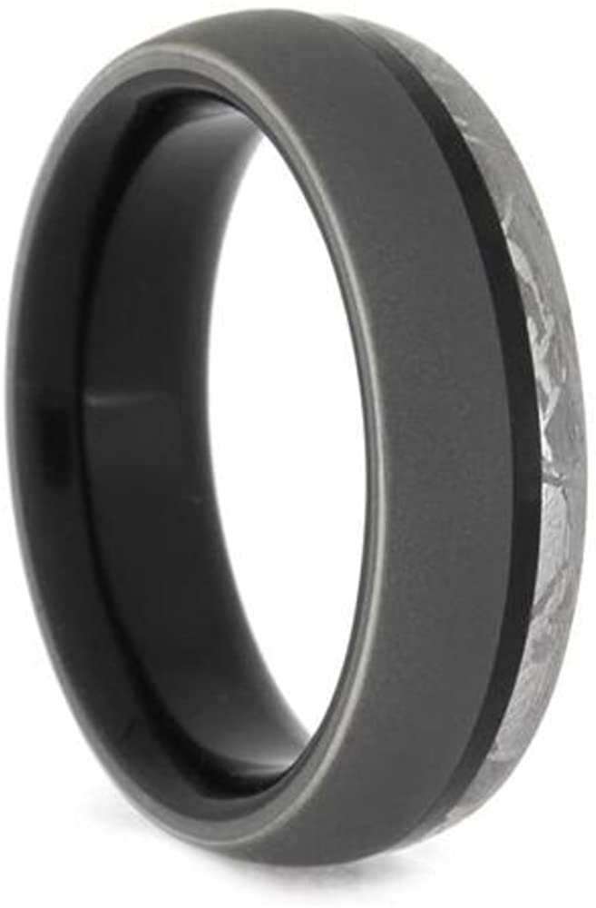 Gibeon Meteorite, Sandblasted Titanium 7mm Comfort-Fit Ebony Wood Sleeve Band, Size 6.5