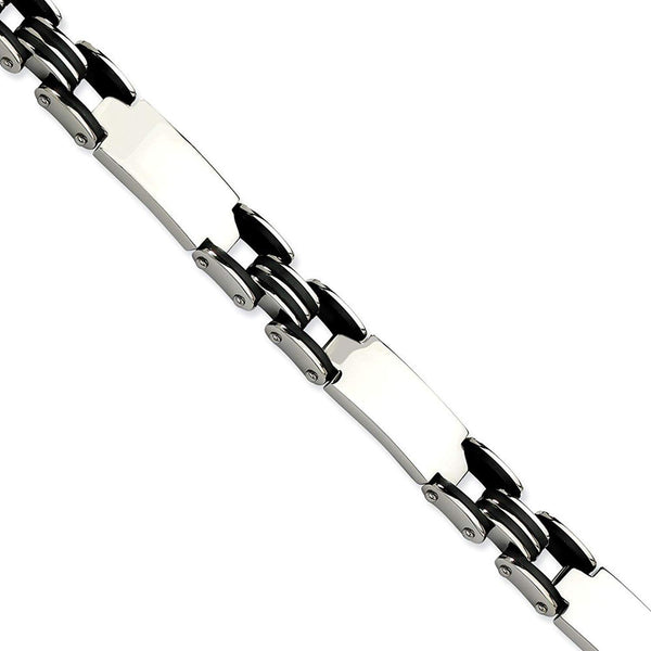 Men's Polished Stainless Steel 9mm Black Polyurethane Link Bracelet, 8.5"