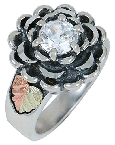 Ave 369 CZ 3D Flower Oxidzed Ring, Sterling Silver, 12k Green and Rose Gold Black Hills Gold Motif