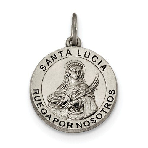 Sterling Silver Satin Antiqued Spanish St. Lucy Medal Pendant (21X19MM)