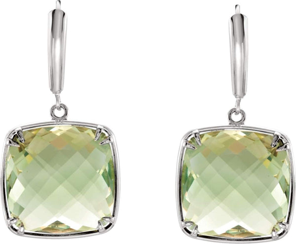 Two-Sided 31.5 Ctw Checkerboard Green Quartz Antique Cushion Sterling Silver Earrings