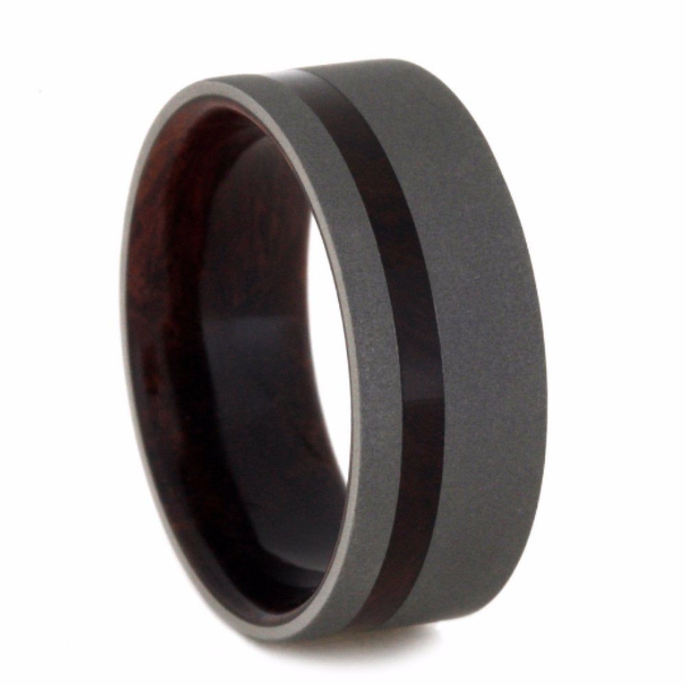 Titanium Sandblast 9mm Comfort-Fit Honduran Rosewood Burl Wedding Band