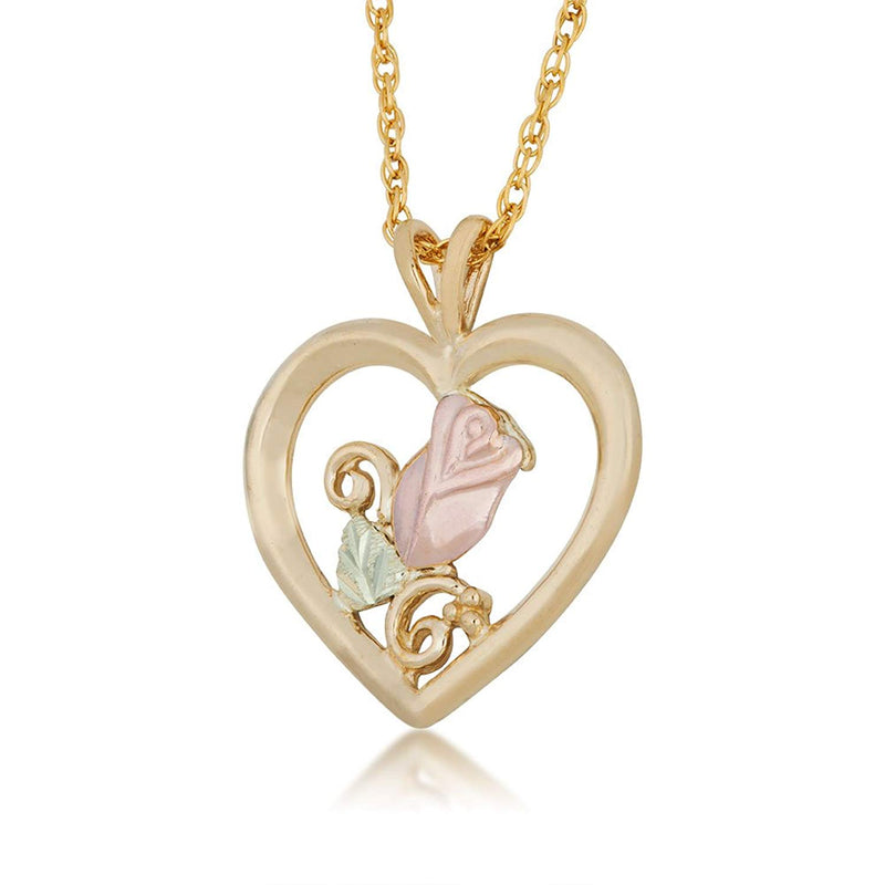 Rose in a Heart Pendant Necklace, 10k Yellow Gold, 12k Green and Rose Gold Black Hills Gold Motif, 18"