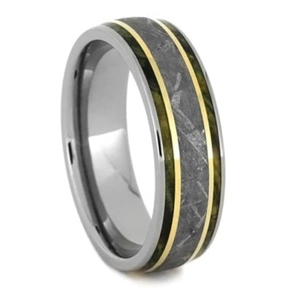 Gibeon Meteorite, Green Box Burl, 14k Yellow Gold 7mm Titanium Comfort-Fit Wedding Ring