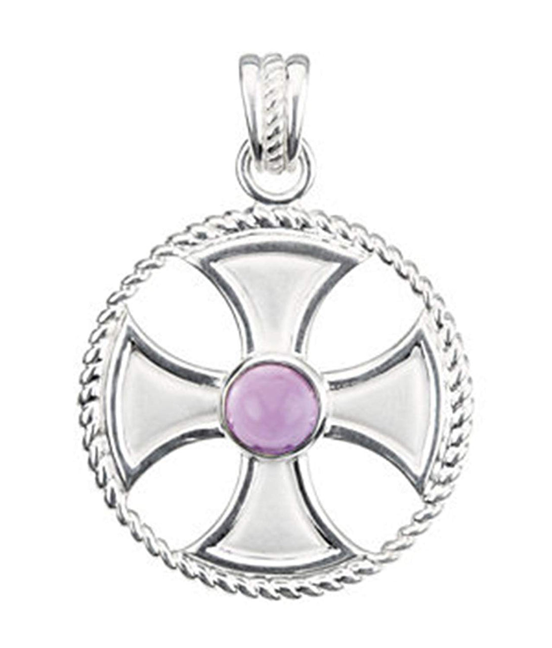 Genuine Amethyst Maltese Rope 14k White Gold Cross Pendant