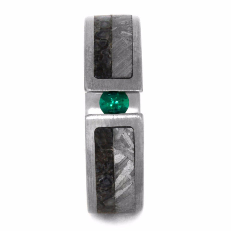 Emerald, Dinosaur Bone, Gibeon Meteorite, 14k White Gold 6mm Comfort-Fit Brushed Titanium Wedding Band